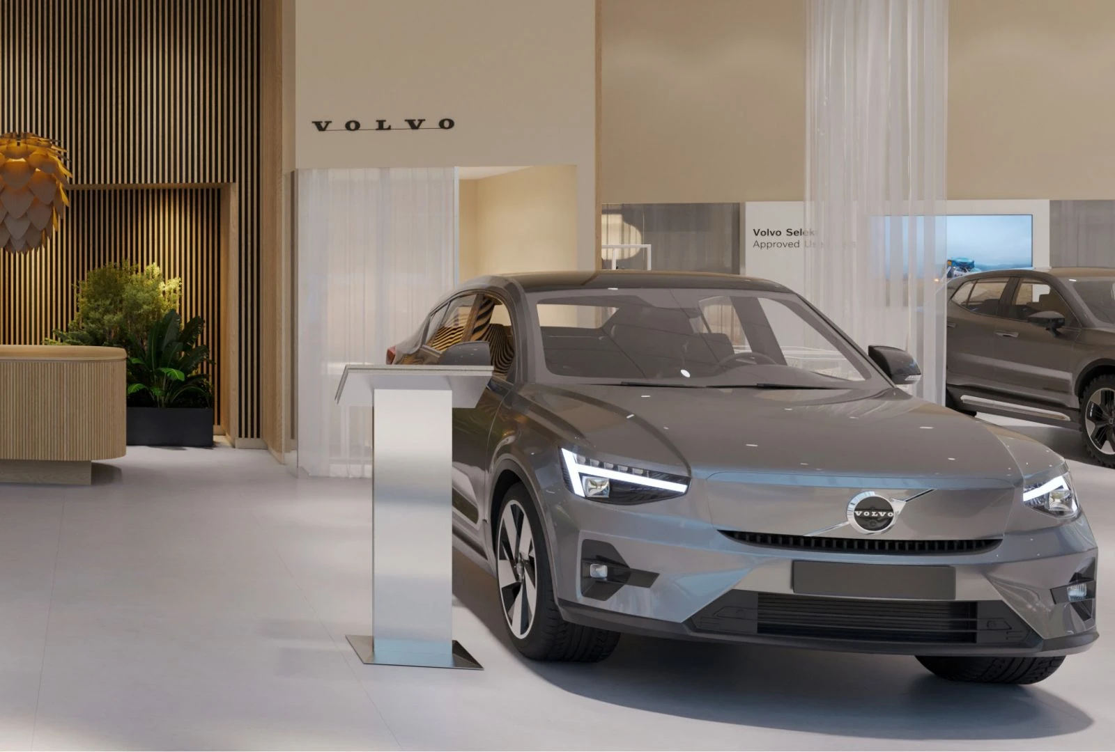 Visualisation of a Volvo facing the showroom entrance